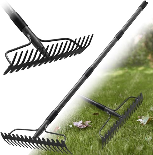 Gartenrechen 150 cm - Robuste Metall Gartenharke mit Stiel und 17 Zinken für Rasen, Laub & Boden | Rasenharke zur Lockerung, Nivellierung & Unkrautentfernung | Langlebige Hof Strohharke