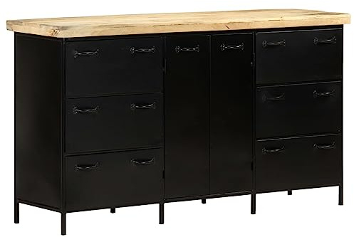 GeenYuu Sideboard 140x38x76 cm, Raues Mangoholz, Industrie-Design, mit 6 Schubladen und 2 Türen, Stabiler Stahlschrank für Wohnzimmer, Flur