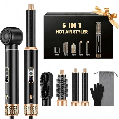 AGARELE Hairstyler 5 in 1 Airstyler Hair Styler Set mit LCD Anzeigen 1000W | Haarstyler,Ionen-Haartrockner&Warmluftbürste,3 Heizstufen,Rundbürstenföhn Hairstyler Set Für Glätten Trocknen Volumen Locken