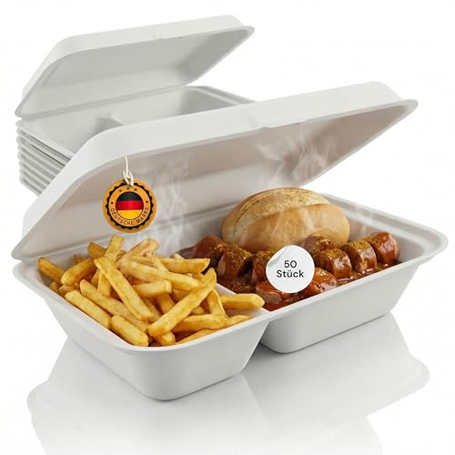LogiPack GeRo 50 Stück Bio Take Away Box 2-geteilt weiß 250 x 162 x 63 mm aus Zuckerrohr | nachhaltige To Go Lunchbox Transportbox | Lebensmittel Behälter Einweg | kompostierbar auslaufsicher