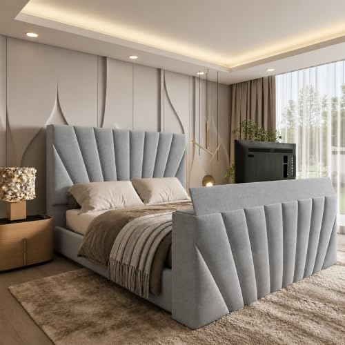 Mullet Motorised TV Bed Frame with Hidden TV Lift Storage, Premium Plush Velvet Upholstery, Optional Gas Lift Ottoman Storage & Luxury Bedroom Furniture Design