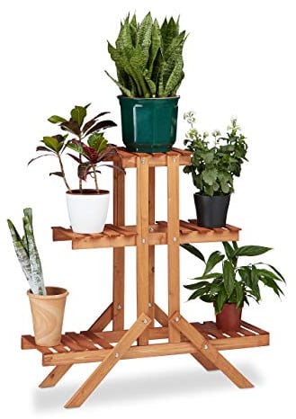 Relaxdays Blumentreppe 3 Ebenen, Aus Holz, Blumenständer für innen, Mehrstöckig, HBT: ca. 82,5 x 83 x 28,5 cm, hellbraun