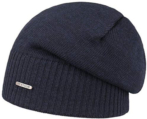 Stetson Merino Oversize Beanie Damen/Herren - Strickmütze aus Wolle - Made in Italy - Wintermütze gefüttert - Beanie mit Fleecefutter und UV-Schutz - Mütze Herbst/Winter dunkelblau One Size
