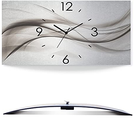ARTLAND Wanddeko Wanduhr ohne Tickgeräusche Alu Quarzuhr 50x25 cm Eckig Lautlos 3D Design Kunst Welle Abstrakt Modern Silber K5ZO