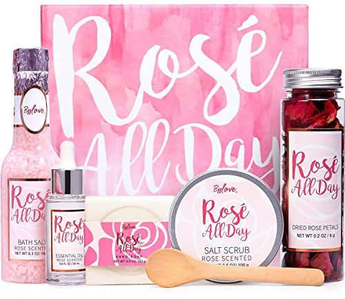Natural Rose Petal Spa Gift Set for Women - 6Pc Soap, Salt, Body Oil, Scrub - Pamper Mom or Her for Christmas, Birthday