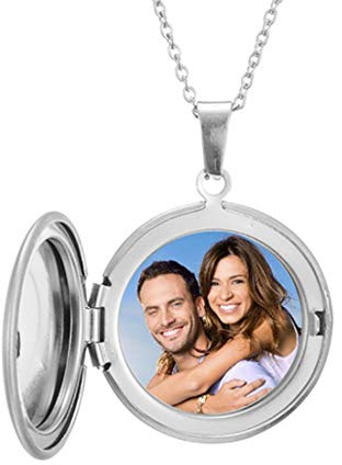 RWQIAN Personalisierte Kette Foto Medaillon zum Öffnen Bilder Photo Amulett Anhänger Gravierte Text Schmuck Oval/Herz/Runde 45+5CM