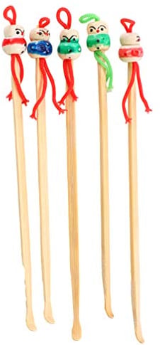 5Pcs Bamboo Cleaning Spoon Chinese Doll Head Earwax Remover Earpick Toiletry Wax Cleaners Tool for Home Family (Natural Wood)