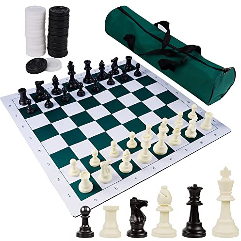 Juegoal 20 Portable Chess & Checkers Set, 2 in 1 Travel Board Games for Kids and Adults, Folding Roll up Chess Game Sets, Extra 26 Checker Pieces, Tournament Thick Mousepad Mat with Storage Bag
