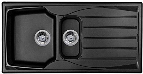 Astracast Astracast Sierra 1.5 Bowl Reversible Composite Black Kitchen Sink with Basket Strainer Waste Kits 1.5