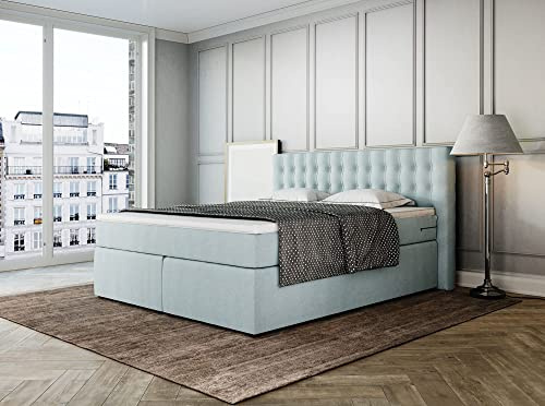 Betten Jumbo King Boxspringbett 200x200 cm 7-Zonen TFK Härtegrad H3 und Visco-Topper | Farbe: Eisblau | versch. Größen verfügbar