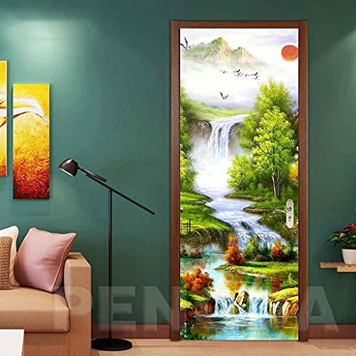 CBWRAW Sticker De Porte 3D Paysage De Lever De Soleil Sur La Rivière Cascade Amovible Imperméable Vinyle Self-Adhesive Poster Muraux Papier Peint Pour Intérieure Living Chambre Salle De Bain Cuisine D