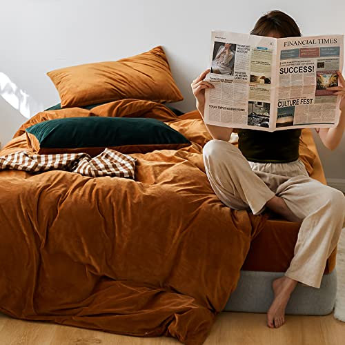 Lanqinglv Karamell Braun Bettwäsche Set 220x240 cm Biber Flauschig Warme Coral Fleece Flanell Winter Plüsch Uni Bettbezug Cashmere Touch mit Reißverschluss Doppelbett und 2 Kissenbezug 80x80 cm