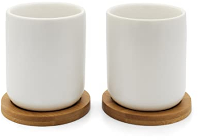 Bredemeijer Tazza da tè in Ceramica Bianca, 2 Pezzi, con sottovaso in Legno