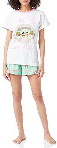 Star Wars Mandalorian Womens Pyjamas, Baby Yoda Short Pjs, Sizes UK 8 to 22, Official Gifts for Women (8-10) White