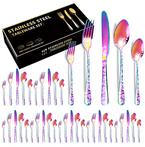 XIAOYU 40 Piece Silverware Set, Stainless Steel Flatware Set, Service for 8, Unique Pattern Design, Includes Dinner Knives/Forks/Spoons, Mirror Polished Cutlery Set, Rainbow