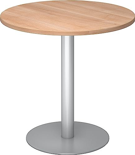 bümö Besprechungstisch Rund 80 cm - Kleiner Esstisch Nussbaum, Tisch für 2 Personen Mit Holz-Platte, Säule Aus Metall in Silber - Konferenztisch, Bistrotisch