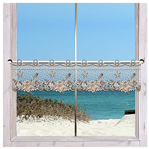 Maritime Feenhaus-Scheibengardine Seesterne und Muscheln Beige Vogtländische Spitze | Meeres-Träumerei für Ihre Fenster in Bad, Küche, Gästewohnung | hochwertig gestickte Spitzenkante HxB 20 x 74 cm