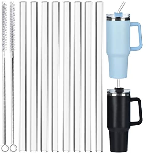 ALINK 8 Pack Replacement Glass Straws for Stanley 40 oz 30 oz Tumbler, 12 in Long Reusable Clear Straws for Stanley Cup Accessories, Half Gallon Bottle, Plus 2 Cleaning Brush