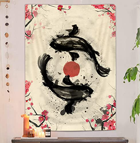 JOKIMAL Japanischer Koi-Fisch, Wandteppich, Yin-Yang-Tapisserie-Poster, Wandkunst, Wanddekoration, Wohnung, Zuhause, Wohnheim, Wanddekorationen für Wohnzimmer, Schlafzimmer, Wandteppich, 101,6 x 152,4