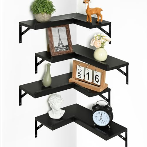 Livofloral 4-stöckige Eck-Schweberegale mit Schutzlippe, Eckregal Hängend zur Aufbewahrung, Rustikale Holzeck-Wandregale für Badezimmer, Schlafzimmer, Küche und Wohnzimmer, Schwarz