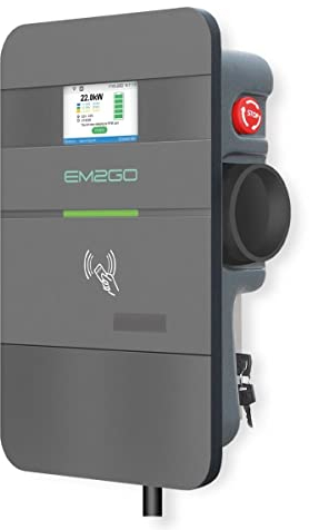 EM2GO Pro Power Wallbox 22kW, EV Charger Typ 2 Steckdose, Auto Ladestation Elektroauto, Wall Box mit intelligenter Steuerung inkl. App, 4,3 Zoll Farb-Display und WLAN-Anbindung