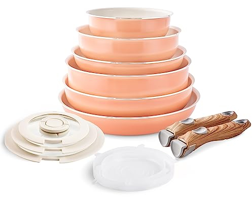 Nonstick Cookware Set - 12 PCS Stackable Pots and Pans Set Detachable Handle Camping Cookware, Granite Kitchen Cookware Sets Removable Handle, Non Toxic Nonstick Frying Pans for Cooking Set Gift Coral