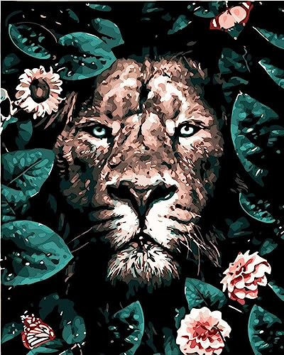 ARTNAPI Malen nach Zahlen Erwachsene mit Rahmen | DIY Handgemalt | Tiere - Löwe in Blumen | Kit für Anfänger und Erwachsene | Set inklusive Acrylfarben & Pinsel | 40x50cm Leinwand | Ideal als Geschenk
