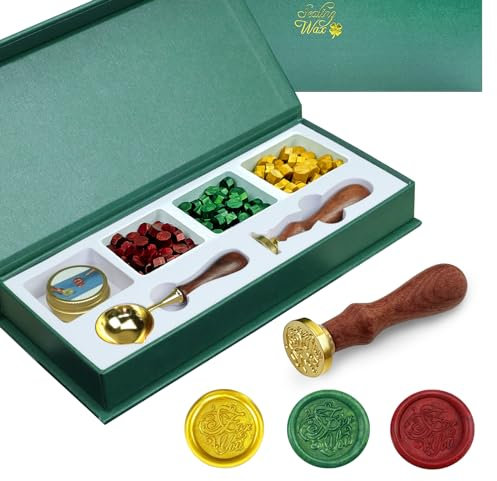 Siegelwachs Set, Siegelwachs Perlen mit Wachssiegel Stempel, 1 Kerzen, 1 Schmelzlöffel und Geschenkbox, Wachssiegel Set für Karten Umschlag Hochzeit Einladungen