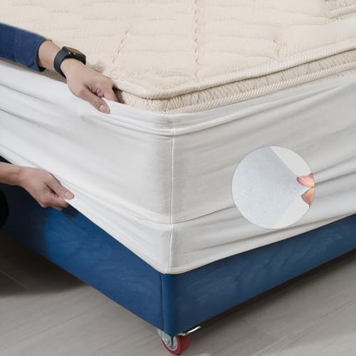 DUJUIKE Stretch Samt Boxspring Abdeckung zum Umwickeln, Alternative zum Traditionellen Volant Bettrock, Einfach Anzubringen (Weiß, Twin Bed Width:120-137cm)