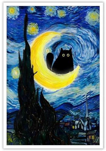 TYOHU Lustige Sternennacht-Katze auf Leinwand - Wandkunst, Berühmtes Ölgemälde, Schwarze Katze, Poster, Blumendrucke, Buntes Abstraktes Gemälde für Bauernhaus, Galerie, Ästhetische Dekoration