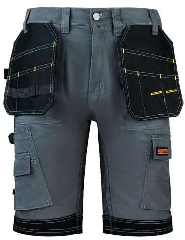WrightFits Men Pro Builder Work Shorts - Grey - Heavy Duty Safety Combat Cargo Summer Shorts – Multi Holster Pockets - Triple Stitched Durable Workwear (32W)