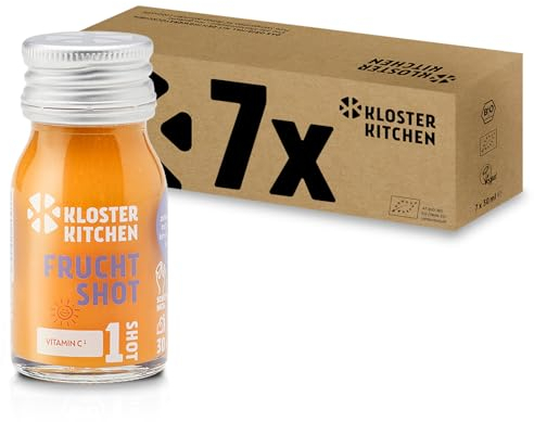 Kloster Kitchen Bio Ingwer Shot Frucht 1SHOT 7 x 30 ml mit echten Ingwerstückchen I Ingwershot vegan in der To Go Glasflasche I fruchtig-mild ohne Zusatzstoffe & mit natürlicher Süße