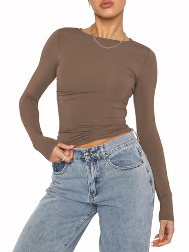 OYIGELZ Damen Langarmshirt Rundhals Slim Fit Y2K Oberteile Basic Crop Tops Casual Streetwear t Shirt(Braun-06,L)