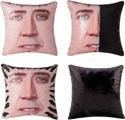 BONFUN 16x16In Nicolas Cage Pailletten Kissen Abdeckung Magic Reversible Funny Pailletten Kissen Fall Dekorative Kissen Abdeckung (Color : Black, Size : 16*16)
