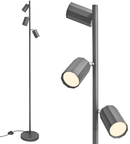 TONFFI LED Stehlampe mit 3-Flammig, GU10 Fassung, 3*5 Watt (mit Glühbirnen,3000K), Schwenkbar Leselampe Stehleuchte mit Fußtaster, Retro Standlampe Deckenfluter für Wohnzimmer Schlafzimmer Büro, Grau
