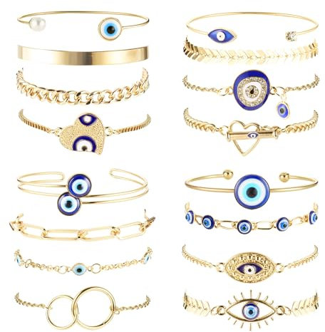 Kakonia Evil Eye Bracelets Protection 16Pcs Bracelets Aesthetic Chain Bangle Bracelets Set Stackable Mexican Bracelets Gold Evil Eye Jewelry Mal De Ojo Lucky Anklet for Women Egirls