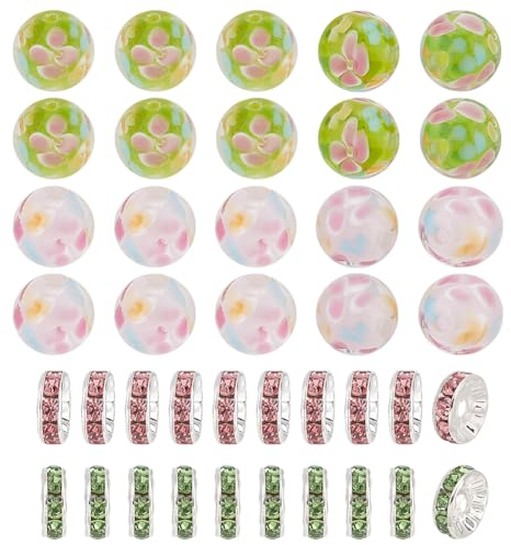 GOMAKERER 20pz perline di Vetro di Fiore di Murano Verde Rosa 12mm, 20pz perline Distanziatrici con Strass Pavé Perline Fiore Perline A Sfera Rotonde Perline Distanziatrici Piatte Sfuse per Fai Da Te
