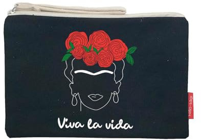 Hello-Bags. Necessaire/Pochette. Esterno: 100% cotone. Con cerniera interna e fodera. Include una bella busta regalo kraft. Modello VIVALAVIDA. Colore: Écru/Nero. Misure:23x15,5 cm.
