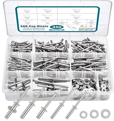 SATANTECH Kit assortito di 450 rivetti pop in acciaio inox 304, 1/8 3/16 1/4 rivetti ciechi assortiti 8 misure SAE con divisore rinforzato e custodia etichettata