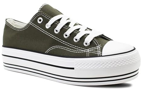 IMTY Womens Platform Canvas Trainers Lace Up Chunky Sole Baseball Sneakers Ladies Flat Low Top Fashion Trainer Pumps (Khaki, UK Footwear Size System, Adult, Women, Numeric, Medium, 3)