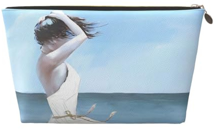QGWDYYJQ Kulturbeutel, Motiv: Mädchen an einem windigen Strand, bedrucktes Leder, tragbare Kosmetiktasche, Clutch-Tasche, gold, Einheitsgröße
