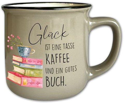 Vintage Tasse Braun mit Spruch T150 ″Glück ist eine Tasse Kaffee und ein gutes Buch″ Motivtasse Geschenk Lesen Bücher Retro Keramik 330 ml