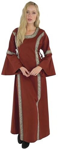 Leonardo Carbone® Damen Kleid Bordüre Sophie | Verstellbare Schnürung | Fließende Trompetenärmel | Karneval, Halloween, Cosplay, LARP, Mittelalter, Fantasy, Kostüm | 100% Baumwolle Rot M