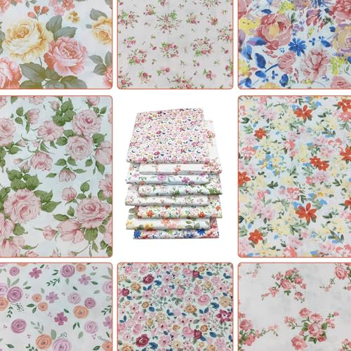 LetCart Lot de 8 tissus pour patchwork - Motif fleurs - 50 x 50 cm - En coton imprimé - Petit tissu ferraille pour bricolage, artisanat - Rose