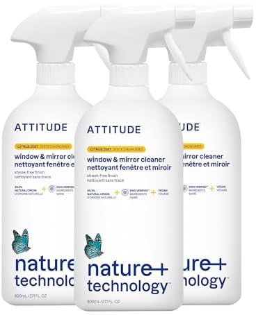 ATTITUDE Window & Mirror Cleaner, EWG Verified, Plant- & Mineral-Based, Vegan & Streak-Free Glass Spray, Made in Canada, Citrus Zest Scent, 800 mL (Pack of 3)