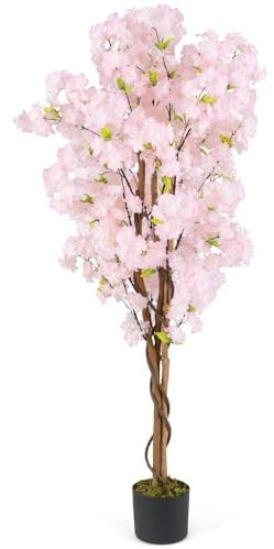COSTWAY 150CM/5FT Tall Artificial Cherry Blossom Tree, Fake Blooming Flower Tree in Cement Pot with 972 Pink Flowers, 144 Leaves & Realistic Trunk, Faux Floral Potted Plant for Office Home Wedding (1)