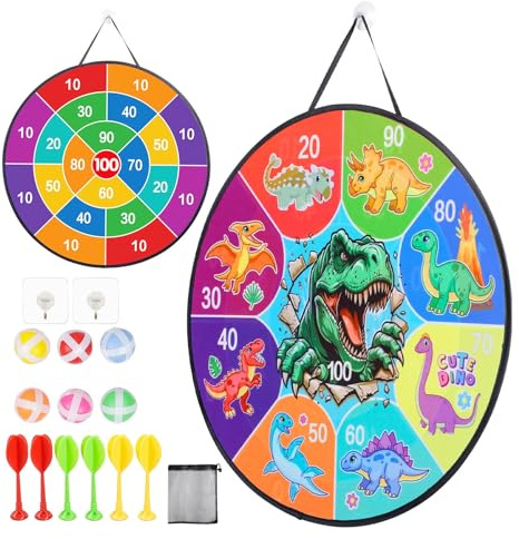 LAMEK 66cm Doppelseitige Klett Dartscheibe Kinder Dino mit 6 klebrigen Bällen 6 Darts Dart Klettball Dartspiel Faltbares Klettballspiel Drinnen Draußen Wurfspiel für ab 3 Jahre Jungen Mädchen