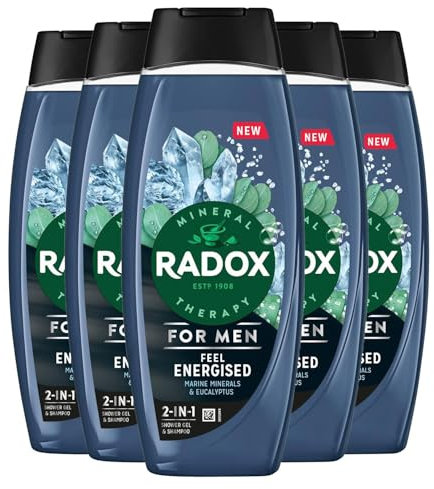 Radox Mineral Therapy 2-In-1 Shower Gel and Shampoo Feel Energised, Pack of 5, Men's Body Wash with Marine Minerals and Eucalyptus for A Cooling Experience, 450 ml