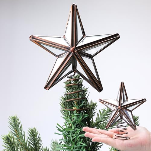 Gejoy Mini Christmas Glass Star Tree Topper Vintage Brass Metal Xmas Tree Decorations Bronze Farmhouse Country Decor Retro Xmas Elegant Treetop Toppers Clip(6 Inch)