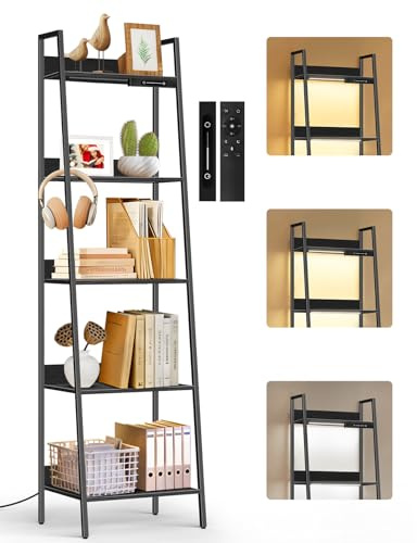 OUTONLIFE Piccola Libreria a Scala a 5 Ripiani con Luce LED, Touch e Telecomando, 3 Temperature di Colore, Scaffale Angolare Alta Dimmerabile in Metallo e Legno per Soggiorno e Camera da Letto
